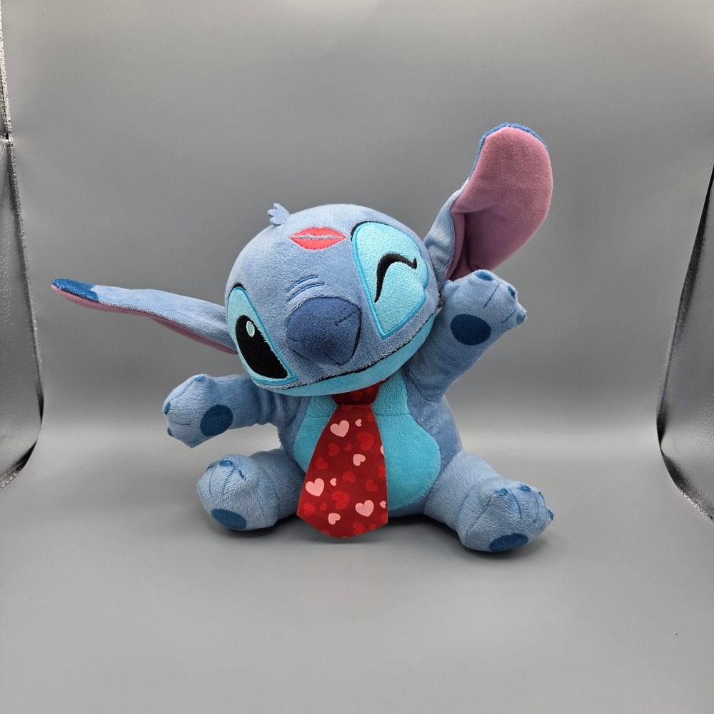 Disney Stitch Valentines Day Plush Blue Alien Red Heart Tie Kiss Mark 12 Inch